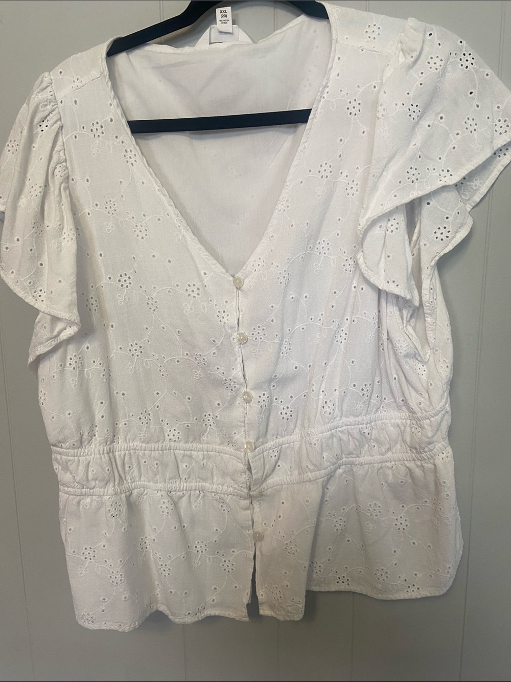 Time and Tru White Eyelet Button-Front Ruffle Sleeve Top, coquette